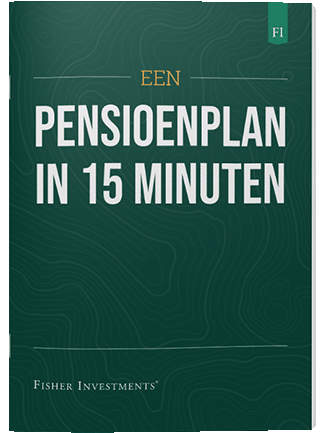 Een donkergroene omslag met de titel "Een Pensioenplan in 15 Minuten". Onderaan de omslag staat het logo van Fisher Investments.