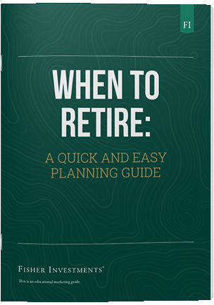 A dark green book cover with a title that reads "When To Retire" There is a sub-banner stating "A Quick And Easy Planning Guide" ending with a fisher investments logo at the bottom.