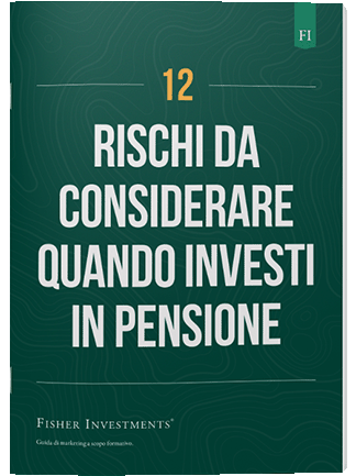 Una copertina verde scuro con un titolo che recita "12 rischi da considerare quando investi in pensione". La copertina termina con il logo Fisher Investments in basso.