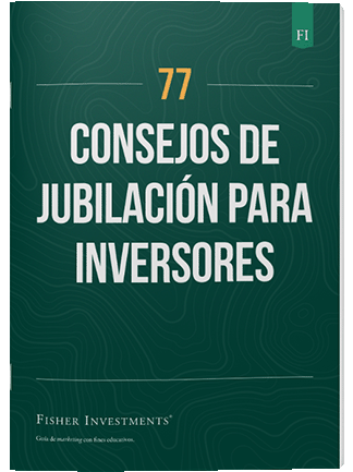 Una portada de libro en verde oscuro con el título "77 consejos de jubilación para inversores". En la parte inferior de la portada figura el logotipo de Fisher Investments.