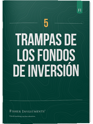 Una portada de libro en verde oscuro con el título "5 trampas de los fondos de inversión". En la parte inferior de la portada figura el logotipo de Fisher Investments.