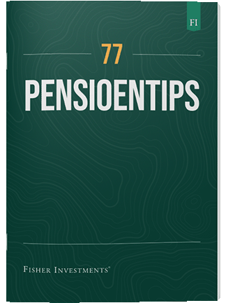 Een donkergroene omslag met de titel "77 Pensioentips". Onderaan de omslag staat het logo van Fisher Investments.