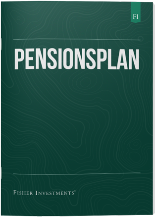 Ett mörkblått broschyromslag med titeln ”Pensionsplan”. Längst ner på omslaget är det en logotyp för Fisher Investments Norden.