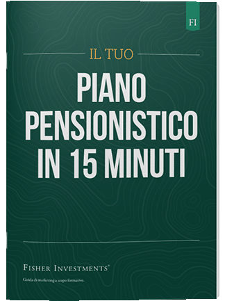 Una copertina verde scuro con un titolo che recita "Il tuo piano pensionistico in 15 minuti". La copertina termina con il logo Fisher Investments in basso.