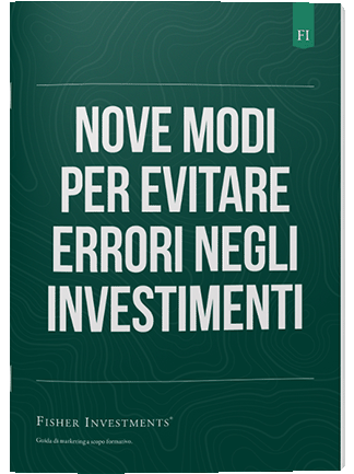 Una copertina verde scuro con un titolo che recita "9 modi per evitare errori negli investimenti". La copertina termina con il logo Fisher Investments in basso.
