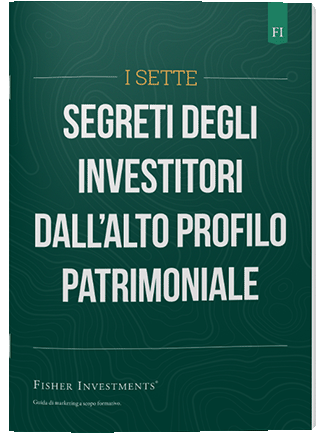 Una copertina verde scuro con un titolo che recita "I sette segreti degli investitori dall'alto profilo patrimoniale". La copertina termina con il logo Fisher Investments in basso.