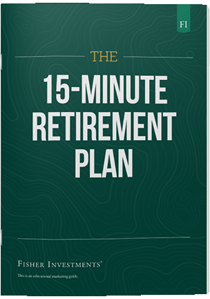 A dark green book cover with a title that reads "The 15-Minute Retirement Plan" The book cover ends with a fisher investments logo at the bottom.