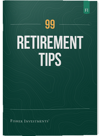 A dark green book cover with a title that reads "99 Retirement Tips" The book cover ends with a Fisher Investments logo at the bottom.
