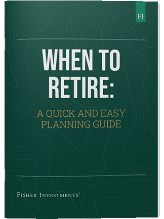 A dark green book cover with a title that reads "When to Retire: A Quick and Easy Planning Guide" The book cover ends with a Fisher Investments logo at the bottom.