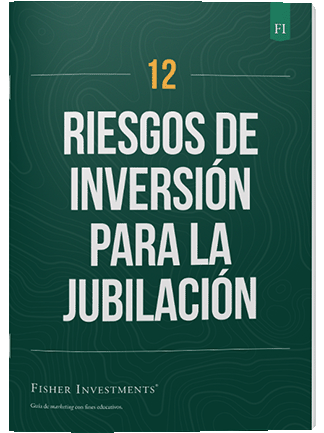 Una portada de libro en verde oscuro con el título "12 riesgos de inversión para la jubilación". En la parte inferior de la portada figura el logotipo de Fisher Investments.