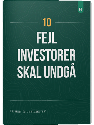 Et mørkegrønt bogomslag med titlen "10 fejl investorer skal undgå". Fisher Investments' logo står nederst på omslaget.