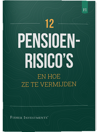 Een donkergroen kaft met de titel ‘12 pensioenrisico's en hoe ze te vermijden’. Onderaan de kaft staat een Fisher Investments logo.
