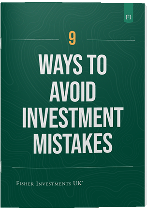 A dark green book cover with a title that reads "9 Ways to Avoid Investment Mistakes." The book cover ends with a Fisher Investments UK logo at the bottom.