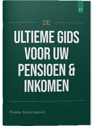 Een donkergroene omslag met de titel "De Ultieme Gids Voor Uw Pensioen & Inkomen". Onderaan de omslag staat het logo van Fisher Investments.