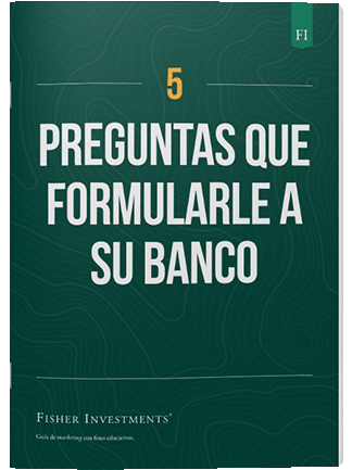 Una portada de libro en verde oscuro con el título "5 preguntas que formularle a su banco". En la parte inferior de la portada figura el logotipo de Fisher Investments.