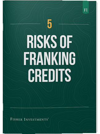 A dark green book cover with a title that reads "5 Risks of Franking Credits." The book cover ends with a Fisher Investments logo at the bottom.