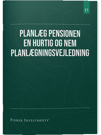 Et mørkegrønt bogomslag med titlen "Planlæg pensionen: En hurtig og nem planlægningsvejledning". Fisher Investments' logo står nederst på omslaget.