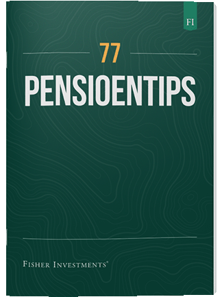 Een donkergroen kaft met de titel ‘77 pensioentips’. Onderaan de kaft staat een Fisher Investments logo.