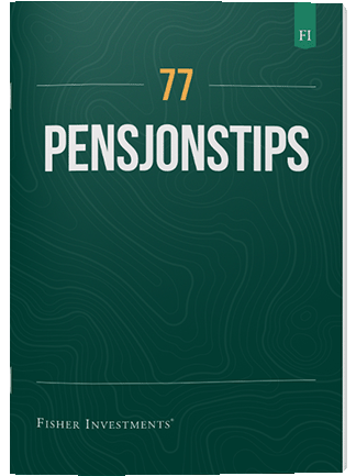 Et mørkegrønt bokomslag med tittelen «77 pensjonstips». Bokomslaget har Fisher Investments-logoen nederst.
