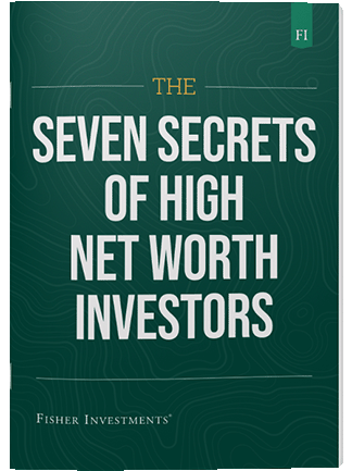 A dark green book cover with a title that reads "The Seven Secrets of High Net Worth Investors." The book cover ends with a Fisher Investments logo at the bottom.