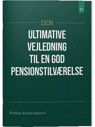 Et mørkegrønt bogomslag med titlen "Den ultimative vejledning til en god pensionstilværelse". Fisher Investments' logo står nederst på omslaget.