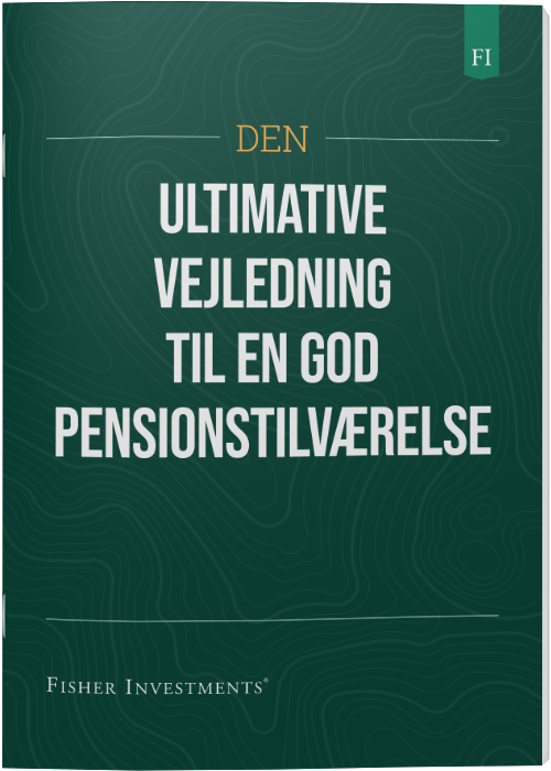Et mørkegrønt bogomslag med titlen "Den ultimative vejledning til en god pensionstilværelse". Fisher Investments' logo står nederst på omslaget.