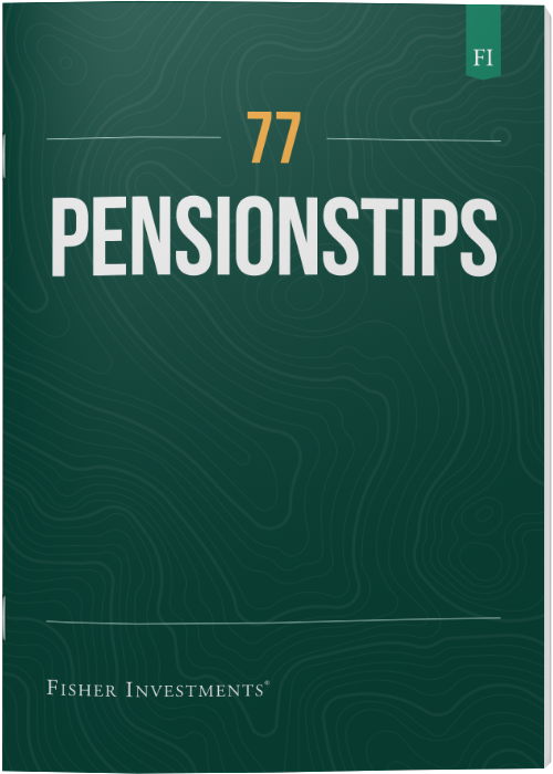 Et mørkegrønt bogomslag med titlen "77 pensionstips". Fisher Investments' logo står nederst på omslaget.