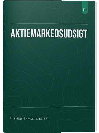Et mørkegrønt bogomslag med titlen "Aktiemarkedsudsigt". Fisher Investments' logo står nederst på omslaget