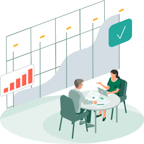 Illustration of two people having a meeting with charts and graphs behind them