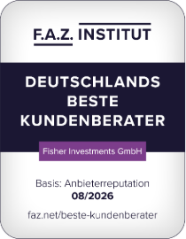 Ein rechteckiges Banner in den Farben Weiss, Blau und Lila, das mit Text versehen ist, der lautet: «F.A.Z Institut, Deutschlands beste Kundenberater, Fisher Investments GmbH. Branchensieger Vermögensverwalter Basis: Anbieterreputation 08/2026. faz.net/beste-kundenberater».