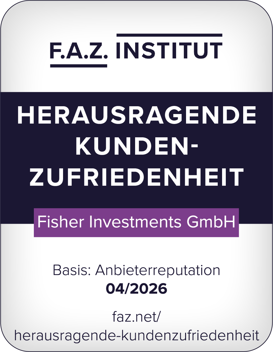 Ein rechteckiges Banner in den Farben Weiß, Blau und Lila, das mit Text versehen ist, der lautet: „F.A.Z Institut, herausragende Kundenzufriedenheit, Fisher Investments GmbH. Basis: Anbieterreputation 04/2026 faz.net/herausragende-kundenzufriedenheit“.