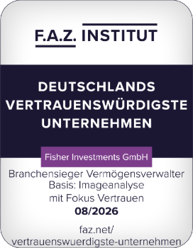 Ein rechteckiges Banner in den Farben Weiß, Blau und Lila, das mit Text versehen ist, der lautet: „F.A.Z Institut, Deutschlands vertrauenswürdigste Unternehmen, Fisher Investments GmbH. Branchensieger Vermögensverwalter Basis: Imageanalyse mit Fokus Vertrauen August, 2026. Faz.net/vertrauenswuerdigste-unternehmen“.