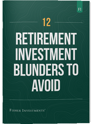 A dark green book cover with a title that reads "12 Retirement Investment Blunders To Avoid" The book cover ends with a Fisher Investments logo at the bottom.