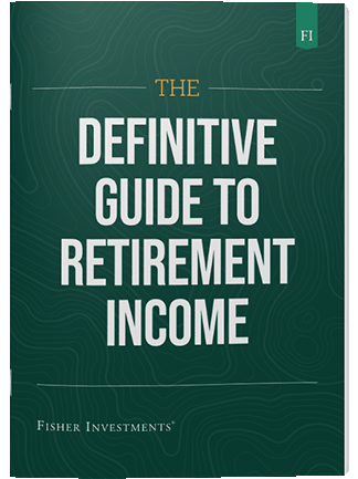 A dark green book cover with a title that reads "The Definitive Guide to Retirement Income." The book cover ends with a Fisher Investments logo at the bottom.