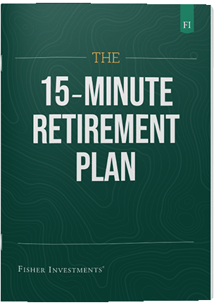 A dark green book cover with a title that reads "The 15-Minute Retirement Plan" The book cover ends with a Fisher Investments logo at the bottom.