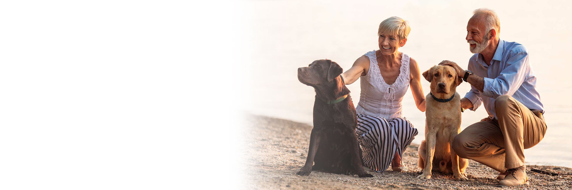 Couple on beach of lake pet two dogs smiling
