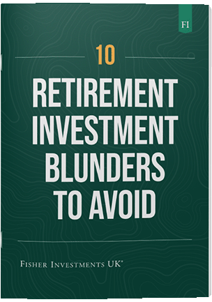 A dark green book cover with a title that reads "10 Retirement Investment Blunders to Avoid." The book cover ends with a Fisher Investments UK logo at the bottom.