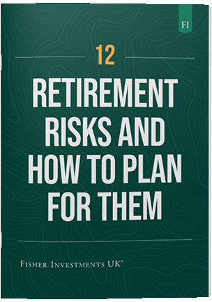 A dark green book cover with a title that reads "12 Retirement Risks and How to Plan For Them." The book cover ends with a Fisher Investments UK logo at the bottom.