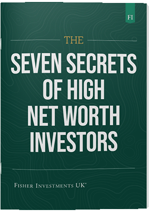 A dark green book cover with a title that reads "The Seven Secrets of High Net Worth Investors" The book cover ends with a Fisher Investments UK logo at the bottom.