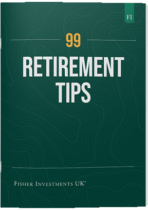 A dark green book cover with a title that reads "99 Retirement Tips" The book cover ends with a Fisher Investments UK logo at the bottom.