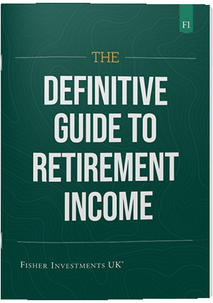 A dark green book cover with a title that reads "The Definitive Guide to Retirement Income" The book cover ends with a Fisher Investments UK logo at the bottom.