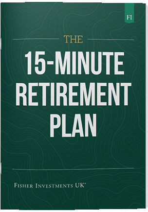 A dark green book cover with a title that reads "The 15-Minute Retirement Plan." The book cover ends with a Fisher Investments UK logo at the bottom.