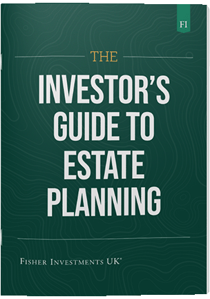 A dark green book cover with a title that reads "The Investor’s Guide to Estate Planning." The book cover ends with a Fisher Investments UK logo at the bottom.