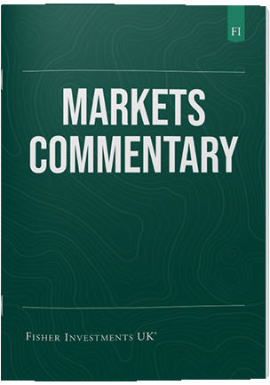 A dark green book cover with a title that reads "Markets Commentary." The book cover ends with a Fisher Investments UK logo at the bottom.