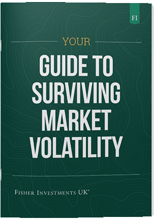 A dark green book cover with a title that reads "Your Guide to Surviving Market Volatility." The book cover ends with a Fisher Investments UK logo at the bottom.