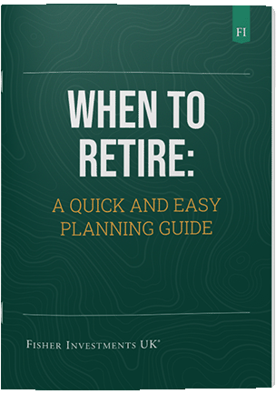 A dark green book cover with a title that reads "When to Retire: A Quick and Easy Planning Guide" The book cover ends with a Fisher Investments UK logo at the bottom.