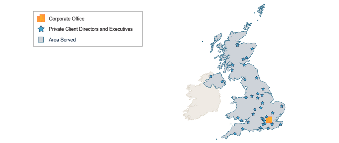 Map of UK with Fisher Investments Offices and Representative locations plotted