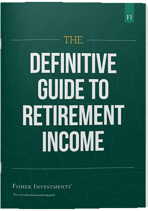 A dark green book cover with a title that reads "The Definitive Guide to Retirement Income" The book cover ends with a fisher investments logo at the bottom.