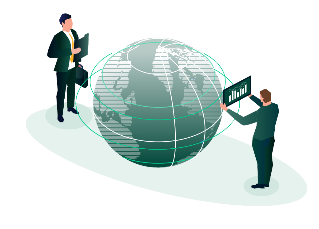 Illustration of 2 men wearing suits standing next to the world