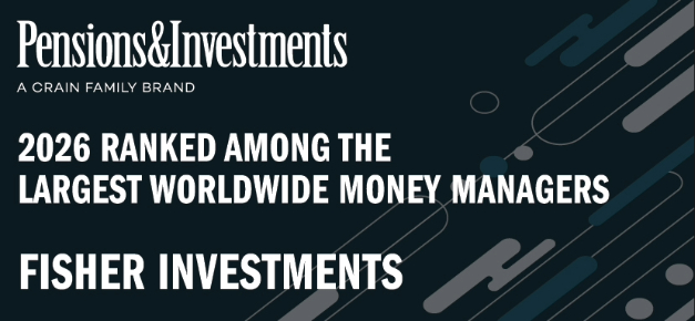 A dark blue horizontal badge with white text reading “Pensions & Investments, 2026 Ranked Among the Largest Worldwide Money Managers, Fisher Investments”